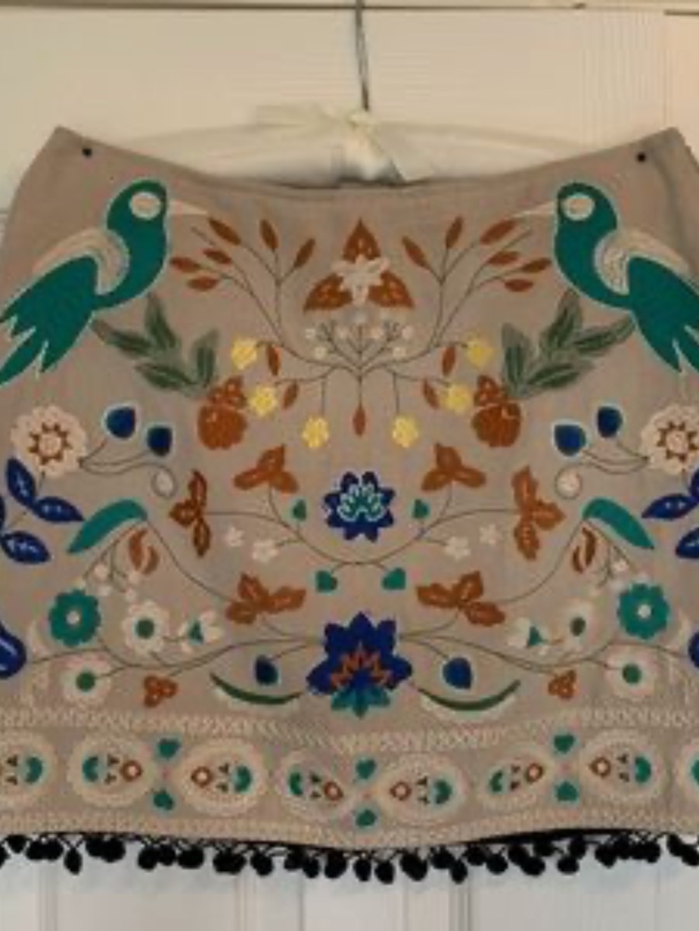 Embroidered Cream Skirt Green Birds Floral Topical Pom Pom Detail Umgee Small - Picture 7 of 7